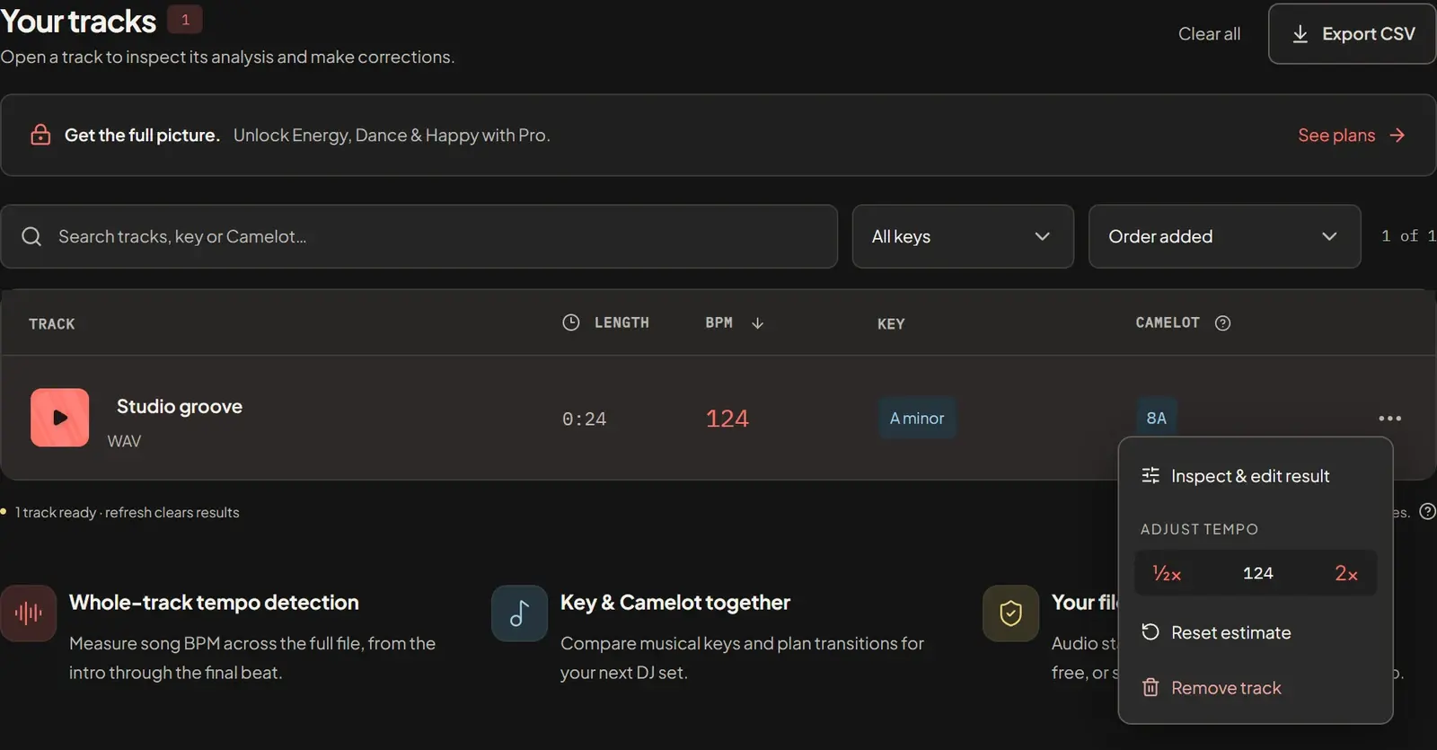 Track menu expanded to show Inspect and edit result, half-tempo and double-tempo controls, and Reset estimate; Export CSV is above the results.