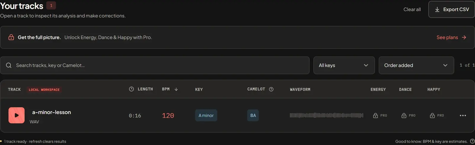Unedited BPM Finder result for a-minor-lesson.wav: 16 seconds, 120 BPM, A minor and Camelot 8A.