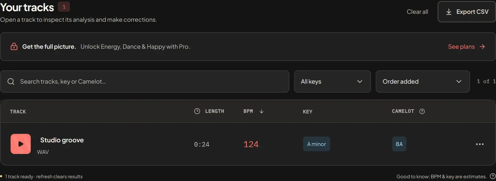 Completed audio analysis showing Studio groove at 124 BPM, A minor and Camelot 8A, with search, key filter and sorting controls.
