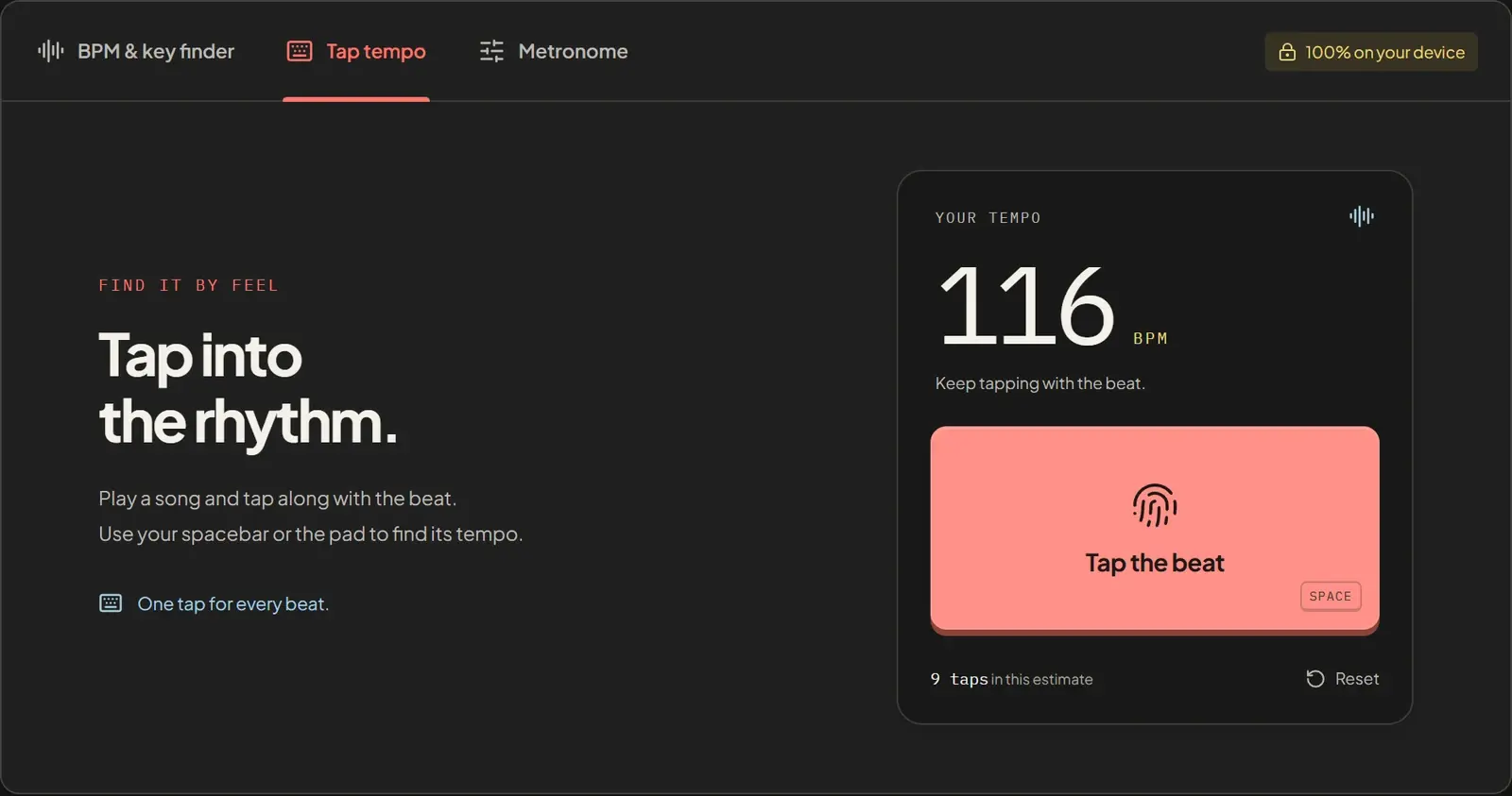 Tap Tempo interface with a BPM estimate, Tap the beat button, spacebar shortcut and reset control.